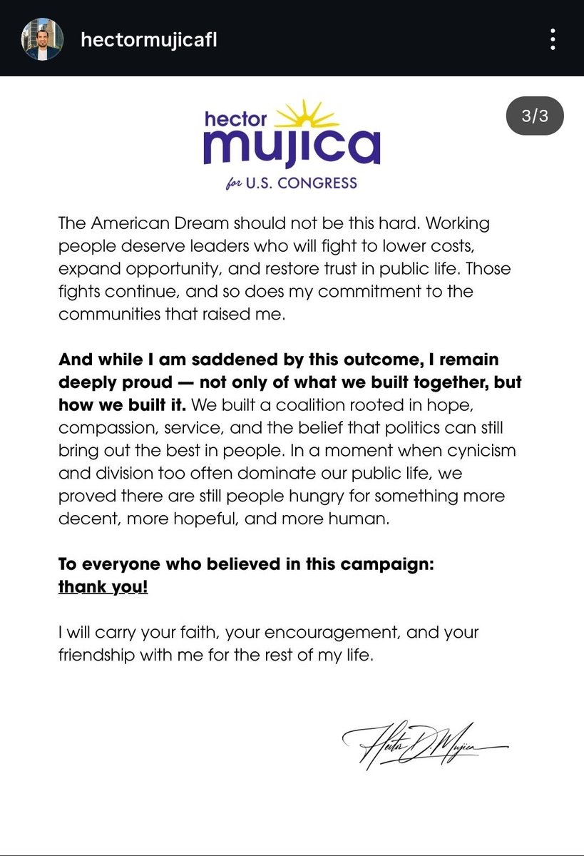 JesseScheckner's tweet photo. There it is: @HectorMujicaFL has withdrawn from the CD 28 race less than 3 weeks after @Fla_Pol reported he is ineligible to run as a Democrat due to a brief party switch last year. His statement is below. 

Mujica's prior Primary opponent, @PhilEhr, whose camp flagged the party change issue, commended him in a statement for "ultimately choosing to respect the law."

Story coming.