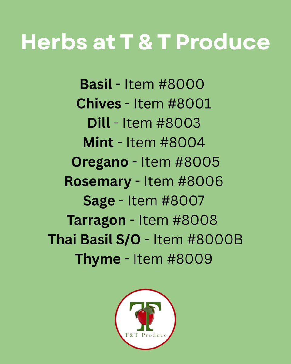 TandT_Produce's tweet photo. DYK 👉 We also sell fresh herbs at T &amp; T Produce. 🌱

Take a 👀 at some of the items we offer. You can use these items to garnish your cocktails or on your favorite menu items! Order from us today using the item codes listed ✅ https://t.co/HzynBjlj7T