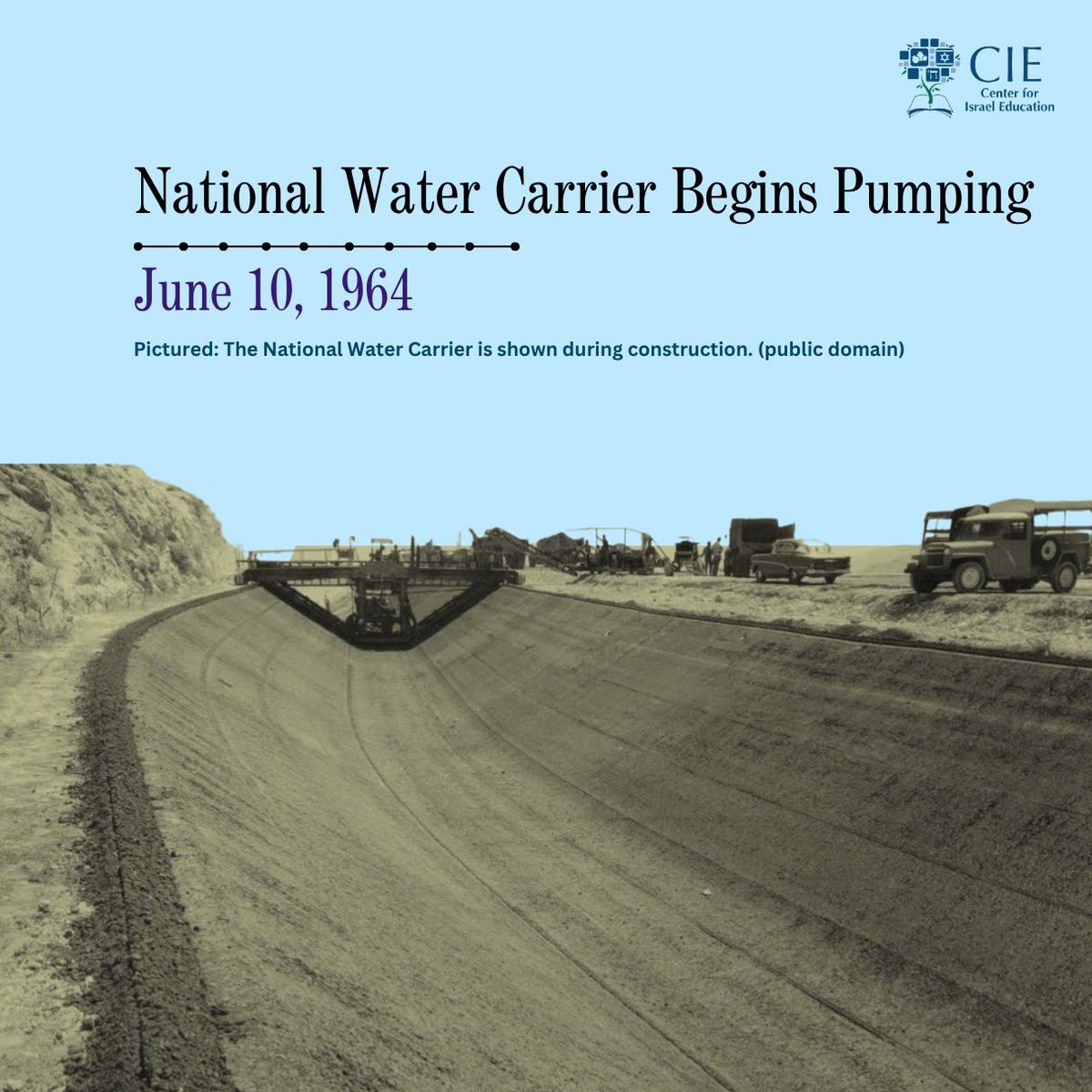 israeleddotorg's tweet photo. Today in Israeli History: The 81-mile National Water Carrier, a system of pipes, canals, tunnels, reservoirs and pumping stations, begins pulling water out of the Sea of Galilee for drinking and agriculture.

Learn more: https://t.co/uCjAdIwDU8 https://t.co/iUHSoi1QkY