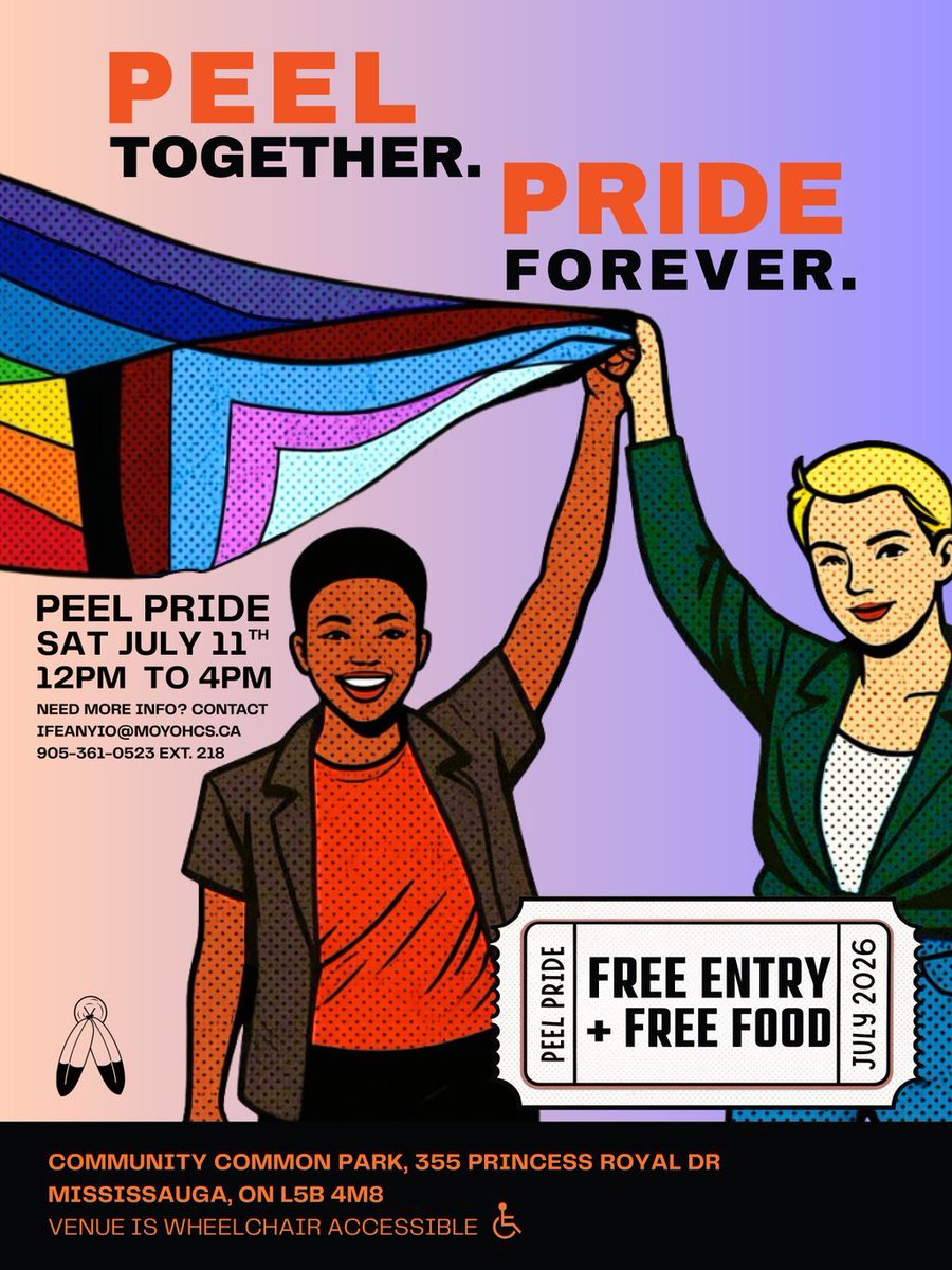 AYSPtweets's tweet photo. Save the Date for Peel Pride 2026! 🌈

📅 July 11, 2026 | 🕛 12–4 PM
📍 Community Common Park | 355 Princess Royal Dr | Mississauga

Free entry, free food, and a welcoming, accessible space for all. We hope to see you there! https://t.co/8qqFMPOgh1
