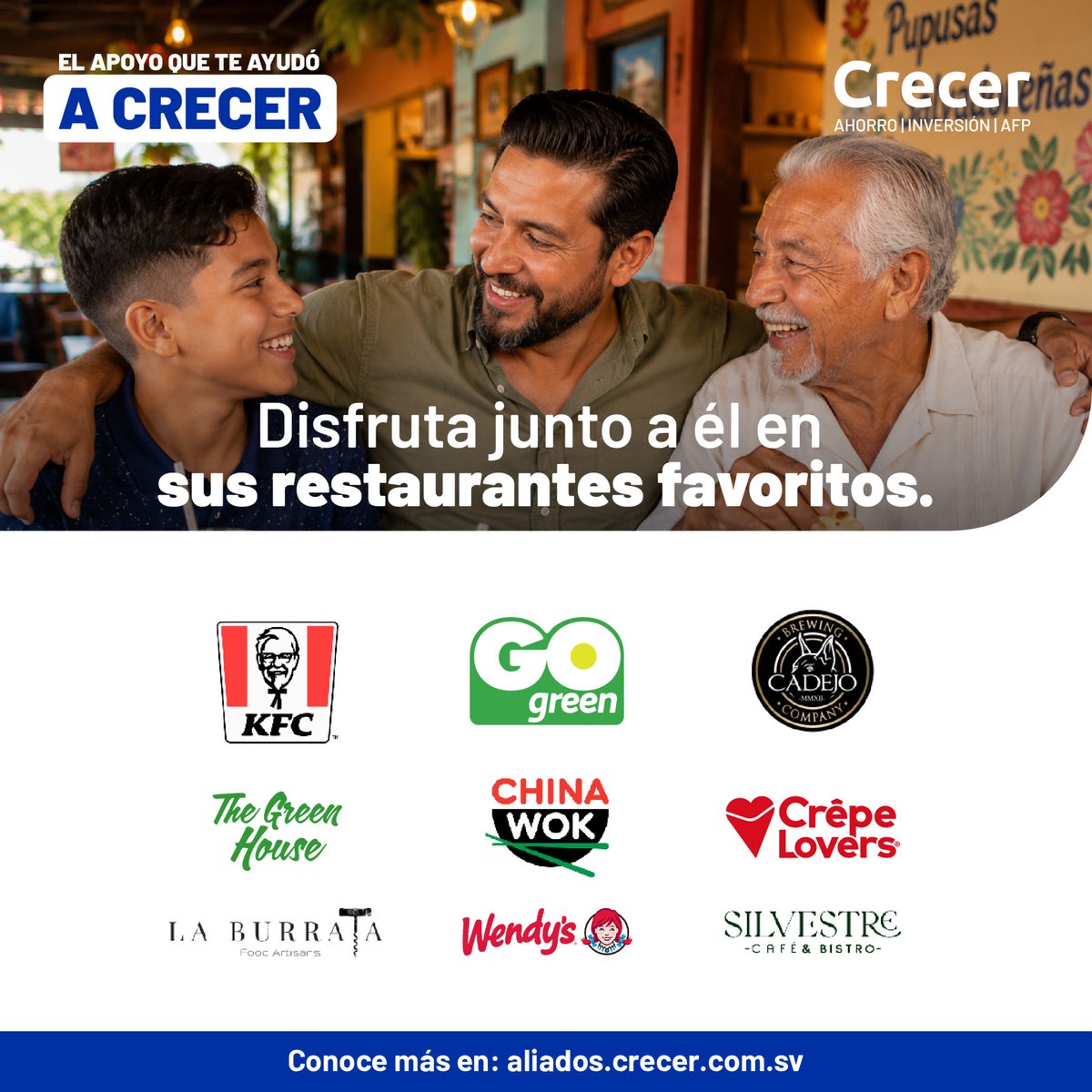 AFPCrecer's tweet photo. Disfruta más momentos invaluables en familia y ahorra al mismo tiempo. Usa tu carnet Crecer para obtener descuentos en tus restaurantes preferidos. 🥂

Descubre dónde usarlo en nuestro link en bio. 👇
#ServiciosCrecer https://t.co/R5MvtAkWtr