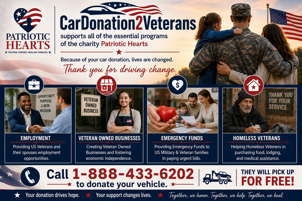 HirePatriots's tweet photo. Every vehicle donation helps support the mission of Patriotic Hearts.

🌐 https://t.co/0UaEzEcN58
📞 (888) 433-6202
✅Tax deductible
✅Fast Free Pick Up
✅Running or not
#militarytransition #jobsforveterans #employveterans #hireveterans #cardonation #hirepatriots #hireveterans https://t.co/Tsk9RJQG9U