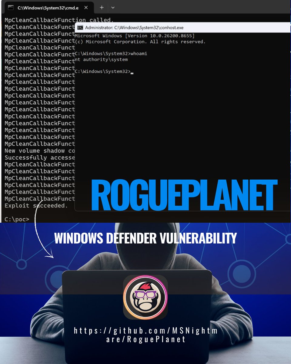 EsGeeks's tweet photo. 💥🕵️♂️ RoguePlanet | Condición de carrera en Windows Defender → shell SYSTEM
PoC en C++ que explota una race condition en Windows Defender. En máquinas compatibles, un usuario estándar obtiene shell SYSTEM. Probado en Win11 y Win10 con parche de junio.
#windowsdefender #redteam https://t.co/Iw5VdRo3Ac