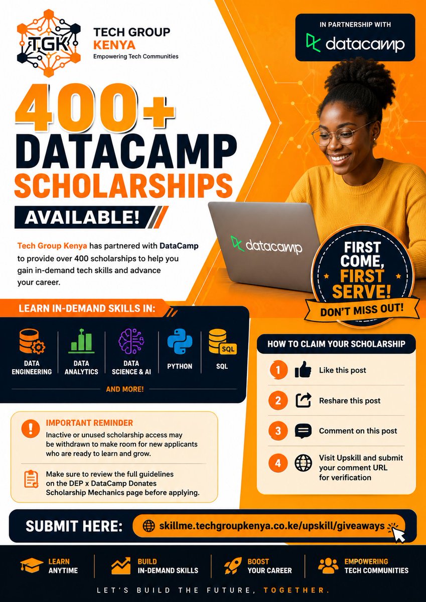 TechGroupKenya's tweet photo. 🎓 400+ Scholarships via Tech Group Kenya x DataCamp

Learn Data Science, AI, Python, SQL &amp; more.

📌 Deadline: June 14, 12PM EAT
📌 First-come, first-served
How to apply: Like + Repost + Comment + Submit comment URL

🔗 Apply:https://t.co/RA0UB64QUL https://t.co/3o5wFyUWvB