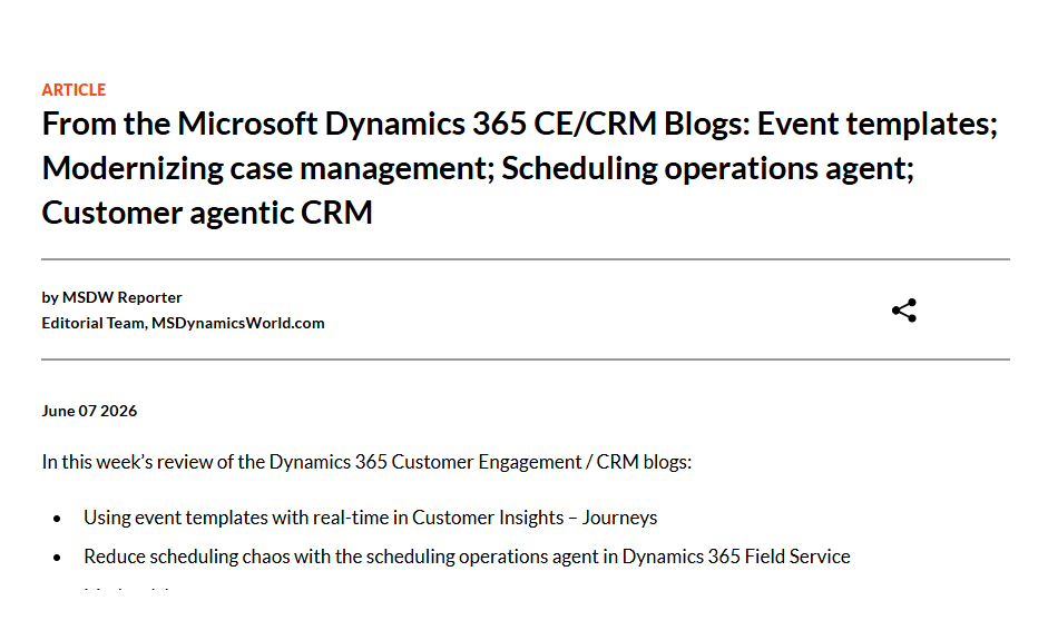 msdynamicsworld's tweet photo. From the #Microsoft #Dynamics365 CE/CRM Blogs: Event templates; Modernizing case management; Scheduling operations agent; Customer agentic CRM. https://t.co/sVYY9FNiqs https://t.co/20RxuWuTcN