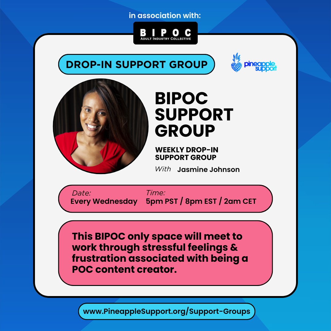PineappleYSW's tweet photo. Join us tonight 💙 Our BIPOC-only support group is a space for POC content creators to connect, share experiences, and talk through the stress that can come with the work with @JetSetJasmine  🍍

Free to join: https://t.co/lxIXDyY9RT

@BIPOC_AIC. https://t.co/EIVBLU5Hqv