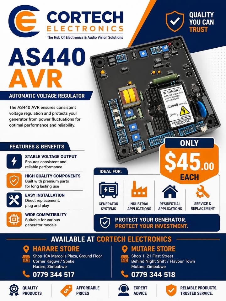 zwcortech's tweet photo. GENERATOR AVR MODULES NOW AVAILABLE AT CORTECH ELECTRONICS!

Don't let a faulty AVR shut down your generator! We stock one of Zimbabwe's widest ranges of AVR modules and generator controllers. Visit CORTECH Electronics today and keep your generator running reliably. https://t.co/ioH0n6J3du