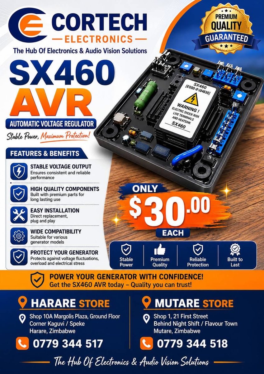 zwcortech's tweet photo. GENERATOR AVR MODULES NOW AVAILABLE AT CORTECH ELECTRONICS!

Don't let a faulty AVR shut down your generator! We stock one of Zimbabwe's widest ranges of AVR modules and generator controllers. Visit CORTECH Electronics today and keep your generator running reliably. https://t.co/ioH0n6J3du