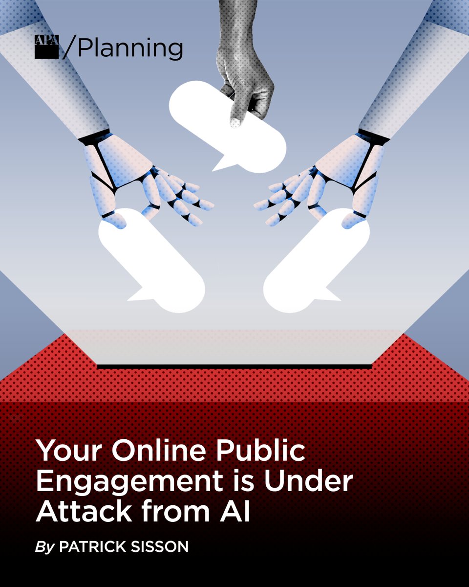 APA_Planning's tweet photo. As AI becomes more prevalent in civic spaces, planners and public agencies are exploring new ways to protect the integrity of public engagement while ensuring community voices remain at the center of decision-making. #PlanMag

https://t.co/HircSTL3xD https://t.co/yZZf7VXBkh