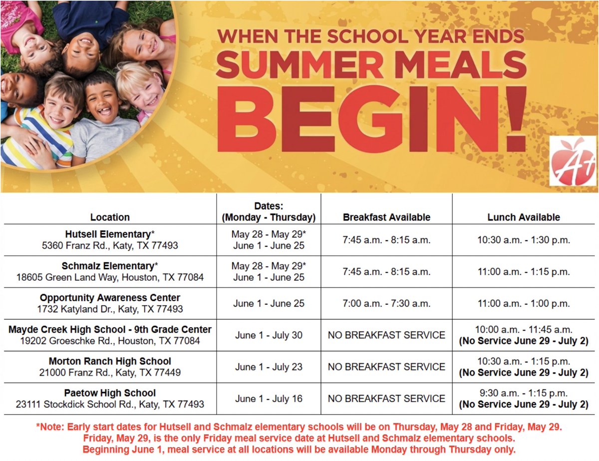 katyisd's tweet photo. FREE summer meals continue at Katy ISD, helping children stay fueled and ready for summer fun.

Families can view participating campuses, meal schedules and service dates here: https://t.co/l16eDdTtBP

#KatyISD https://t.co/PC35cRfrzH