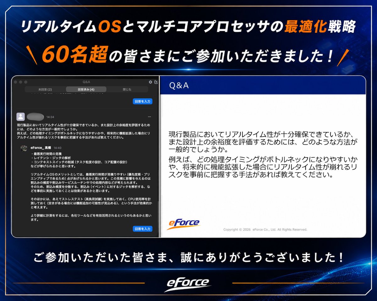 eForceofficial's tweet photo. ＼60名超参加！Q&amp;Aも活発に📢／

本日開催の無料ウェビナー
「リアルタイムOSとマルチコアプロセッサの最適化戦略」
60名を超える皆さまにご参加いただきました👏

ウェビナー中には多数のご質問をいただき、
RTOSやマルチコア開発への関心の高さを実感しました。

ご参加ありがとうございました！ https://t.co/RmZQxSGoqb