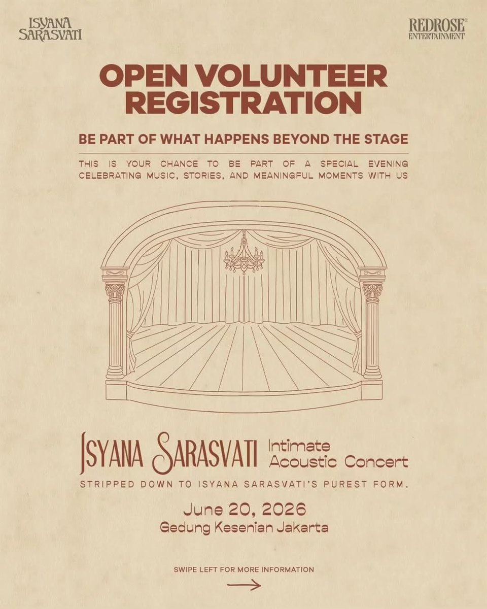 disiniloker's tweet photo. 📢 Info Volunteer

ISYANA SARASVATI: Intimate Acoustic Concert
🧑‍💻Usher, Content Creator, Ticketing
📍 Gedung Kesenian Jakarta
🗓️20 Juni 2026
🔗https://t.co/gzFMTRaInH
⌛️ 15 Juni 2026

#disinivolunteer #volunteer #infovolunteer https://t.co/jJNTPT2xUi