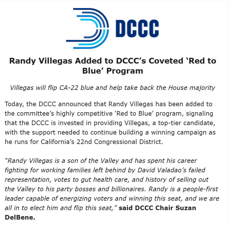 AnnaElsasser's tweet photo. All in to elect @Villegas_CA22 and beat David Valadao this November #CA22

Statement from DCCC Chair Suzan DelBene: https://t.co/hSYRCMIiU5