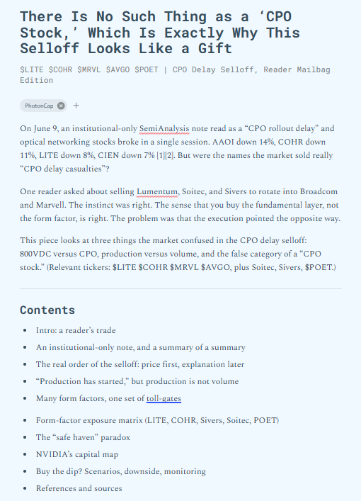 PhotonCap's tweet photo. I have received a lot of DMs about SemiAnalysis’ CPO delay discussion and the optics sell-off that followed.

After looking into it, I am preparing a full article.

But the conclusion is simple: I bought optical stocks yesterday. I did not sell $SIVEF, $AAOI, $COHR, $LITE, $CIEN, or my broader optics exposure.