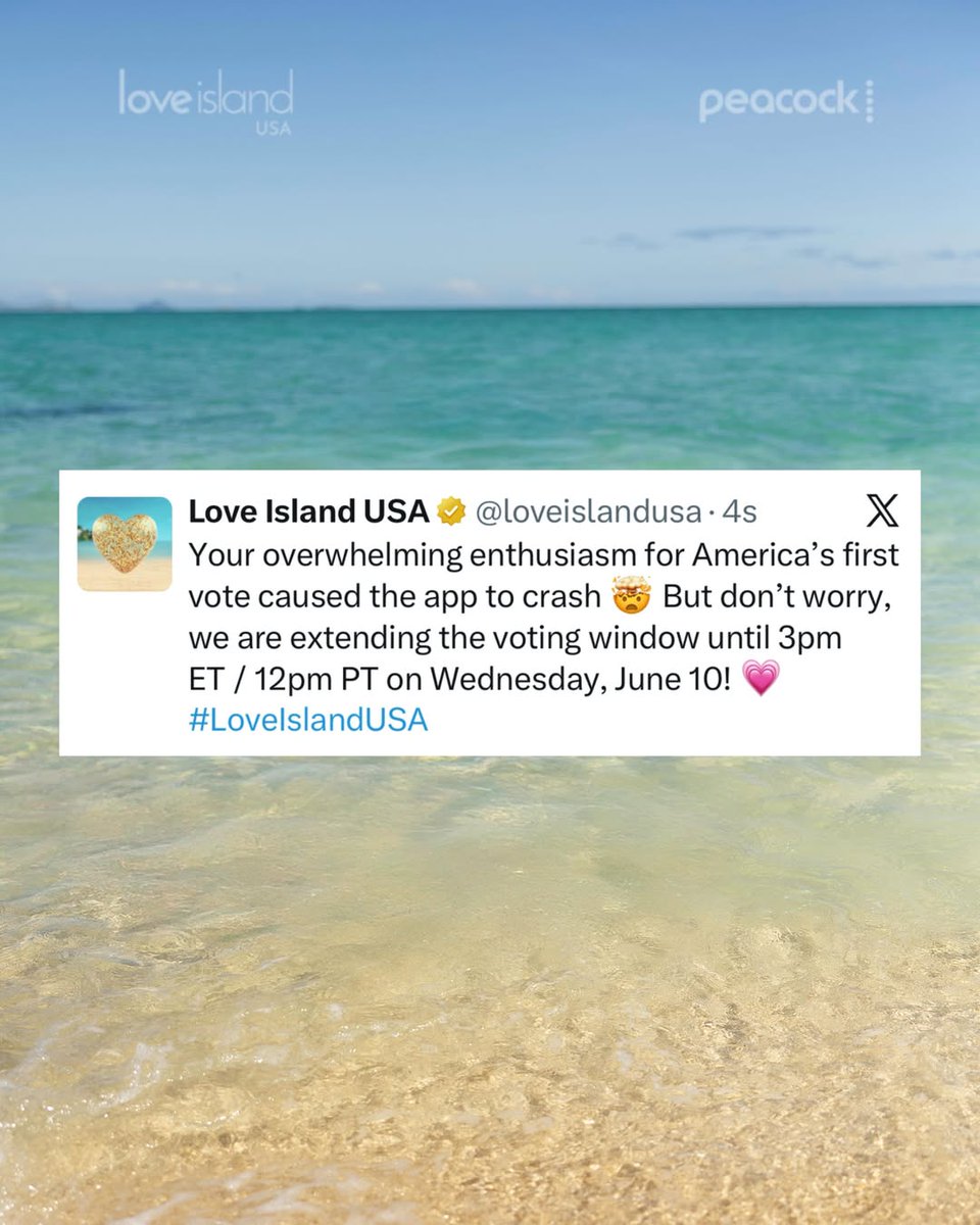thepophive's tweet photo. Voting for Love Island USA has been extended until 3 PM EST today. https://t.co/SvdrVBomCb