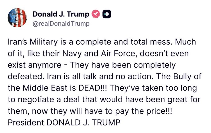 Makerbreakerpro's tweet photo. We Were Told Just Early Yesterday By Trump (which i said was a lie &amp; called him out on [w/ my puny words]), That '... we're days from a historical peace deal.'

POTUS Wasn't Coming Clean ... LM Rules !! 

If Iran Is "dead," Why Must Iran 'pay a price ??' --Completely Defeated ?? https://t.co/hj8KQXpFVG