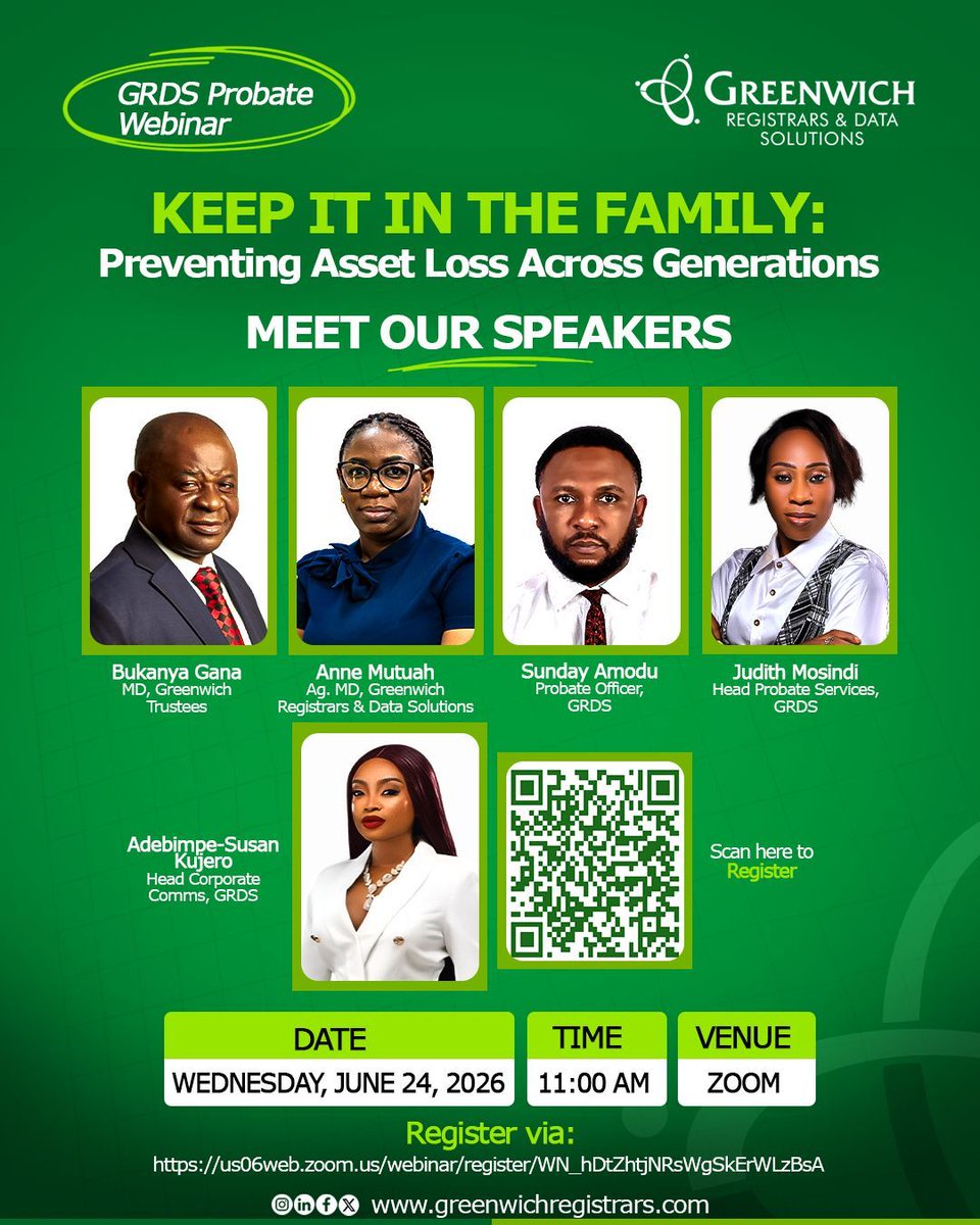grds_ng's tweet photo. Join industry experts and authorities in Probate services, Estate Planning, Trusteeship as we discuss practical steps to prevent asset loss across generations.
Register via the link in bio or scan the QR code on the flyer.
#EstatePlanning
#ProbateServices
#GRDSProbateWebinar https://t.co/Bny7mHz0w7