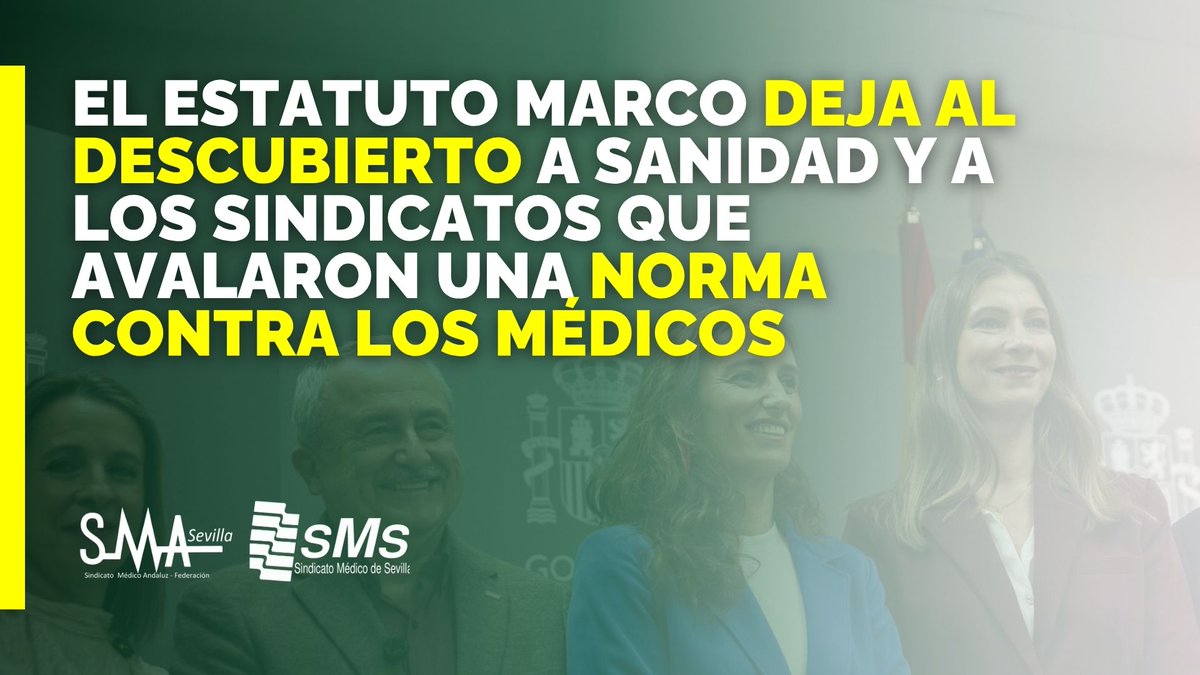 sindicatomedsev's tweet photo. 🟢 El Estatuto Marco deja al descubierto a Sanidad y a los sindicatos que avalaron una norma contra los médicos

📌 SATSE-FSES, FSS-CCOO, UGT y CSIF firmaron un anteproyecto que ignoraba las reivindicaciones médicas. Ahora protestan cuando el Ministerio aplica el mismo método a los colectivos donde concentran su fuerza sindical.

📢 Sanidad ha preferido ocultar esa realidad bajo una norma común. Y los sindicatos firmantes han contribuido a ello, defendiendo una negociación conjunta que en la práctica impide al colectivo médico disponer de voz propia.

Más información en ➡️ https://t.co/GIS35oDr8i