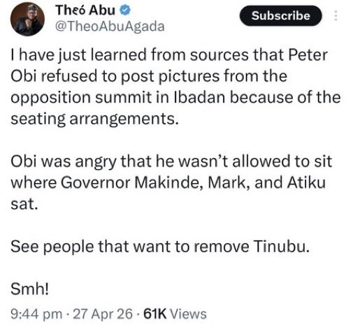 firstladyship's tweet photo. “No constant friends or enemies in politics” is not in my dictionary. That’s arrant nonsense.

When people show me who they are? I believe them. I leave no doubts whatsoever………….

What makes Theo & Brian different from Kenneth Okonkwo, Daniel Bwala, & Reno?

I was raised in a saner jurisdiction.
I won’t reinforce what I preach against.

For instance, “nothing will ever make me work for Asiwaju.” What can Bola possibly give me?

I understand that Nigeria is too far gone, & everything goes. Nothing is black or white!

But there are people whose reputations are still intact. Men & women of goodwill are out there. People should actually have personal integrity. Better still, borrow some secondhand shame.

“There is no morality in politics” is stupid talk. That’s the reason Nigeria is a complete mess.

Morals & values must return to Nigeria.
We must restore the throne of good men.