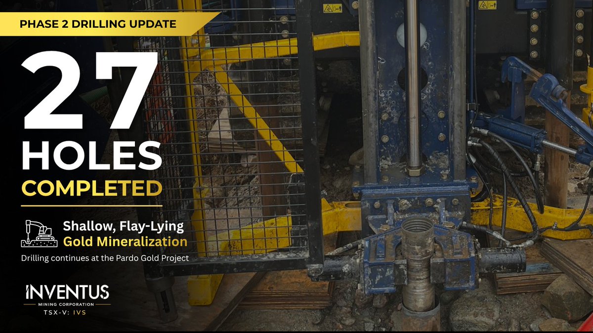 InventusMining's tweet photo. 27 holes drilled and counting at Pardo.

One of the advantages of the project's shallow, flat-lying gold-bearing horizons is that much of the mineralization can be tested with relatively short drill holes.

Drilling continues. Assays pending.

#GoldExploration #JuniorMining $IVS https://t.co/HHYjen9uq7