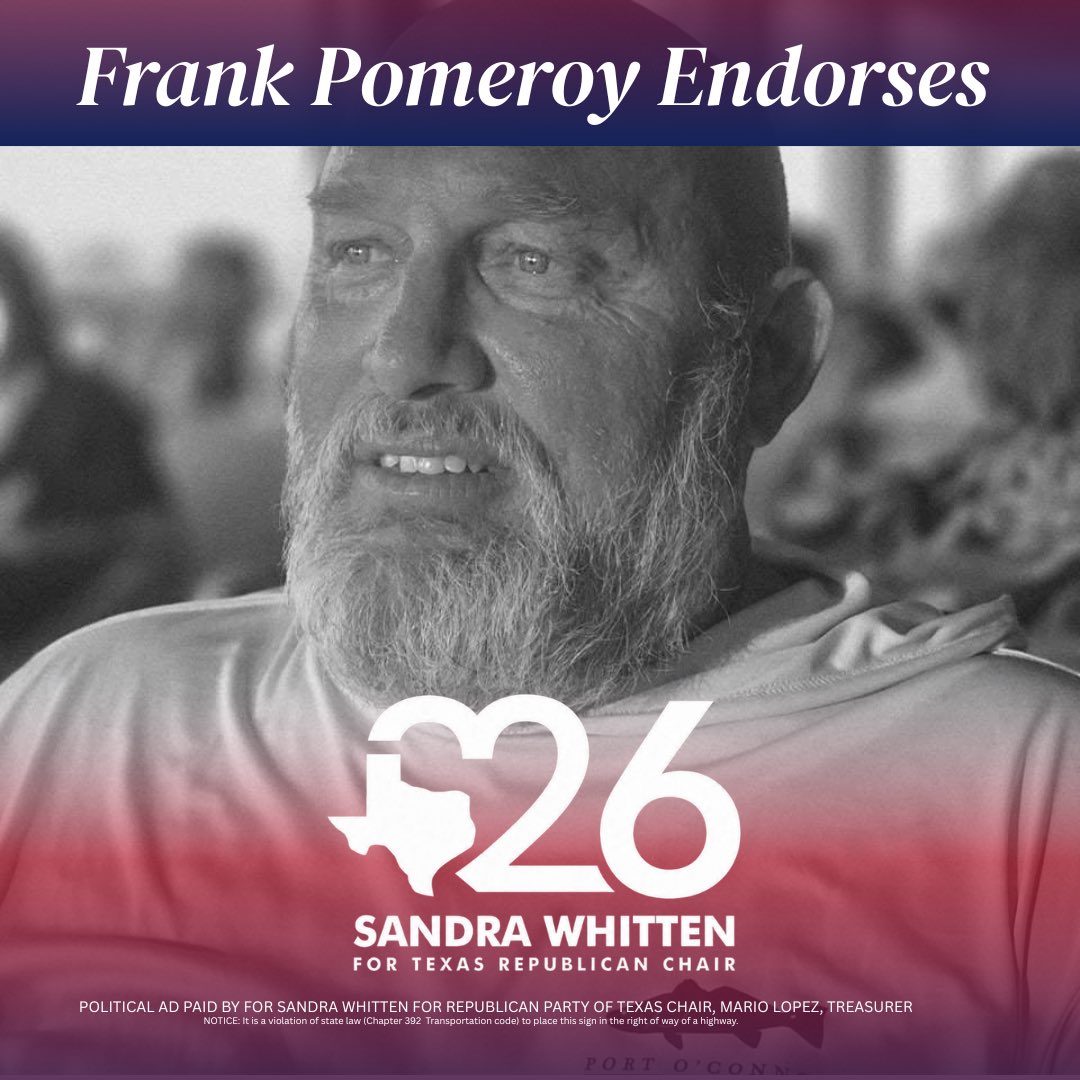 texas_sandra's tweet photo. 🚨 ENDORSEMENT ALERT 🚨

I am deeply honored and sincerely grateful to receive the endorsement of a great patriot and conservative leader, Mr. Frank Pomeroy.

“I agree with this commentary and believe Sandra Linn Whitten would be a valuable asset for grassroots Republicans at the table.”

My heart is full, and I am truly honored to receive endorsements from people of all backgrounds and walks of life, including Mr. Frank Pomeroy. His trust represents both a tremendous honor and a profound responsibility. It is a call to action to serve the Republican Party of Texas with dedication, integrity, and purpose from day one.

I pledge to work tirelessly on behalf of our delegates, grassroots activists, county parties, and Republican voters across our great state. Together, we can build a stronger, more united Republican Party that listens to its members, empowers local leaders, and remains committed to the conservative principles that have made Texas the beacon of freedom it is today.

On Friday, June 12, we have an opportunity to begin a new chapter for the Republican Party of Texas—one built on unity, respect, transparency, integrity, and common-sense leadership. Together, we can restore trust in our Party, strengthen our grassroots foundation, and ensure that every Republican has a voice and a seat at the table.

Thank you, Frank, for your confidence, support, and friendship. I am honored to have your endorsement and look forward to working alongside conservatives from every corner of Texas to build a stronger future for our Party.

❗️Vote Sandra Whitten for Republican Party of Texas Chair ❗️

📍 George R. Brown Convention Center, Houston, Texas
🗓️ June 12, 2026

If you would like to support our growing movement, please consider making a contribution using the link below:

⬇️ Donate Here ⬇️
https://t.co/jMenPSmQPa

#ForHerIWillFight #VoteSandra
#SandraWhittenForRPTChair #TakeBackTheGOP #WeThePeopleWork #RestoringTheHeat #RPT2026 #TexasGOP