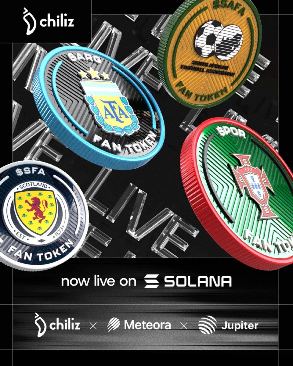 Chiliz_Arg's tweet photo. El orgullo nacional ahora tiene un mercado global en @Solana. 🇦🇷🇵🇹🇿🇦🏴

Los Fan Tokens™ oficiales de @Argentina $ARG, @selecaoportugal $POR, @ScotlandNT $SFA y @BafanaBafana $SAFA ahora cotizan en @JupiterExchange con LPs desplegados en @MeteoraAG. https://t.co/Mi8BtAGepO