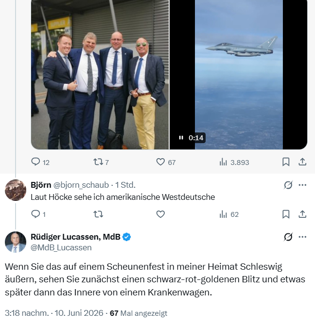 KreuzAcht's tweet photo. Rüdiger Lucassen (AfD-MdB) über Höckes Aussagen:
"absolut falsch und töricht" und "SED-Sprech".
Sogar Gewalt wird ins Gespräch gebracht (allerdings nur für ein Scheunenfest in Schleswig-Holstein):

https://t.co/laFDLNZVGQ https://t.co/O1otU0dy3p