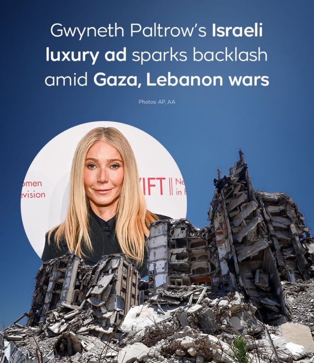 ArmyX313M's tweet photo. 🔹 Gwyneth Paltrow est le visage d’une nouvelle campagne immobilière de luxe en Israël.  
🔹 Elle promeut un projet résidentiel haut de gamme à Herzliya.  
🔹 Cet aval a suscité une vive polémique en raison de la crise humanitaire en cours et des attaques israéliennes à Gaza et au Liban.  
🔹 La situation met en évidence le contraste saisissant entre le marketing du luxe et la souffrance humaine.‼️
