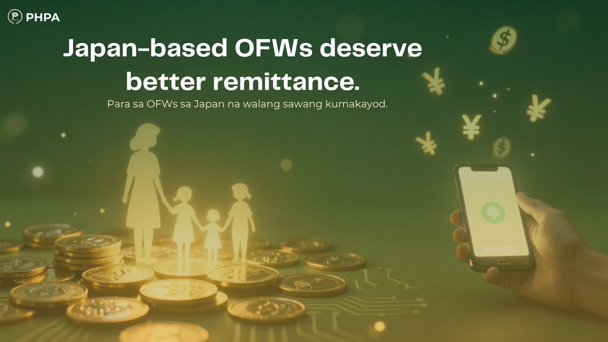 PHPAofficial's tweet photo. Kung OFW ka sa Japan: alam namin kung gaano kahirap ang magpadala ng pera nang mura at mabilis.

Kaya naman — PHPA. Para sa Japan-Philippines corridor at sa lahat ng OFW corridors worldwide.

#PHPA #OFWinJapan #OFW #Remittance #Stablecoin https://t.co/9i9utnXDzE