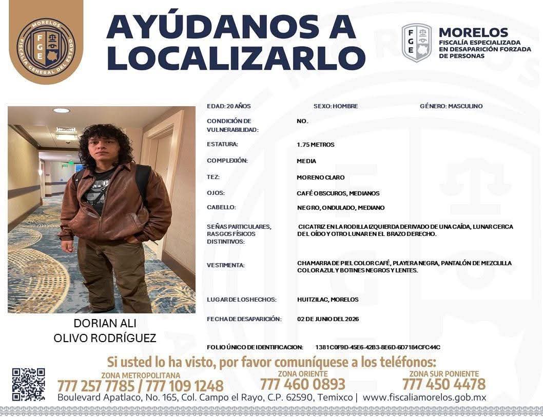 LaMultimedios's tweet photo. Familiares y amigos de #Dorian Ali Olivo Rodríguez, de 20 años de edad, convocaron a una marcha pacífica el próximo sábado 13 de junio en el municipio de Cuernavaca para solicitar apoyo en su búsqueda y exigir avances en las investigaciones sobre su desaparición. La movilización partirá a las 10:00 horas del Calvario con destino a Plaza de Armas, los organizadores solicitaron a los asistentes acudir con vestimenta blanca como muestra de solidaridad.

De acuerdo con la ficha de búsqueda emitida por la Fiscalía General del Estado de Morelos (FGE), Dorian Ali se encuentra desaparecido desde el pasado 2 de junio. La última vez que fue visto fue en el municipio de Huitzilac; vestía una chamarra de piel color café, playera negra, pantalón de mezclilla azul, botines negros y lentes. Sus familiares continúan solicitando el apoyo de la ciudadanía para obtener información que contribuya a su localización.