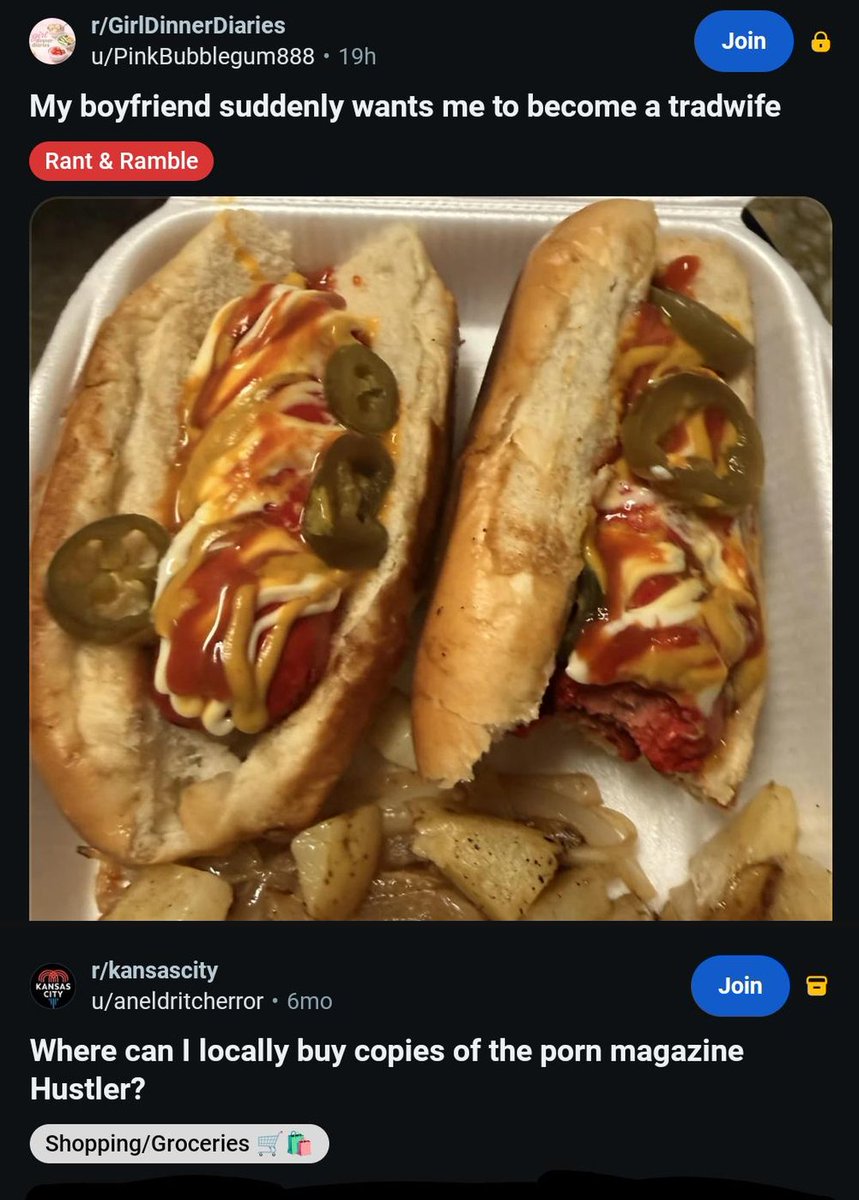 tombradyW's tweet photo. While tradwife is eating hotdogs with mayonnaise, tradhusband is trying to find a store in Kansas City that still sells porno mags. https://t.co/TB4LS9sFH1