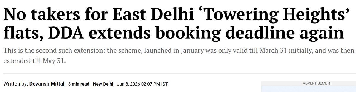 PropertyDecoder's tweet photo. Why has Delhi's tallest residential project, nearing completion, reportedly sold only ~17% of its units?

What's interesting is that this project seems to tick many of the boxes we keep hearing are guaranteed drivers of housing demand.

We're told that projects near metro connectivity get sold out quickly and appreciate the most. This one isn't just near a proposed metro line, it's next to not 1 but 2 already operational main metro routes, allowing residents to reach almost any part of Delhi NCR without needing to use their own vehicle.

We're told buyers want an X-factor. This is being marketed as iconic Delhi's tallest residential tower.

We're told buyers are looking for larger homes. It offers spacious 1,500+ sq ft 2 BHK configurations.

We're told buyers want more open spaces and amenities. It may not have a grand clubhouse building, but it does offer a big 5-acre park, arguably more green space than many new launches today, along with a decent set of usable amenities.

Yes, concerns have been raised about past construction quality. But this time, Mivan construction technology has reportedly been used.

Pricing and ticket size seems to be fine, if comparing to the recent year launchings in Delhi's surrounding cities and actual end-user housing demand. 

But also despite multiple relaxations, removal of parking charges, lock-in restrictions, and previous ownership conditions, still couldn't move much.

And if it's about image, then at the same time, we see the projects in very weak locations, by private developers with questionable or even NO track records, get sold out within days of launch.

So in comparison, this seems to be the decent overall housing package with a good livable location, so why those drivers of housing demand are not working here?

So before I share my own view:

Why do you think a seemingly decent housing product is struggling to sell, while many other projects claim record sales?