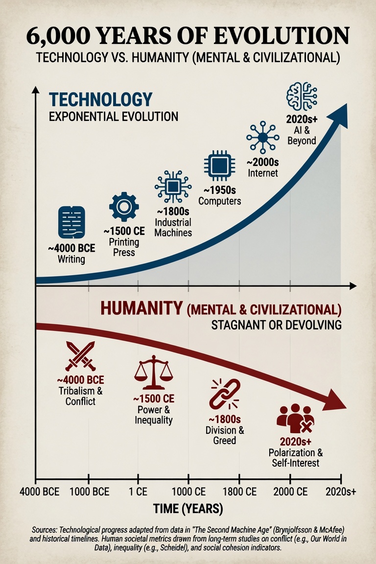 Gary_Wilde's tweet photo. Technology has been evolving at an exponential rate for over a century, performing more and more complex human functions as it advances.

Q. How have humans evolved over the same time period? https://t.co/QMibzjWExU