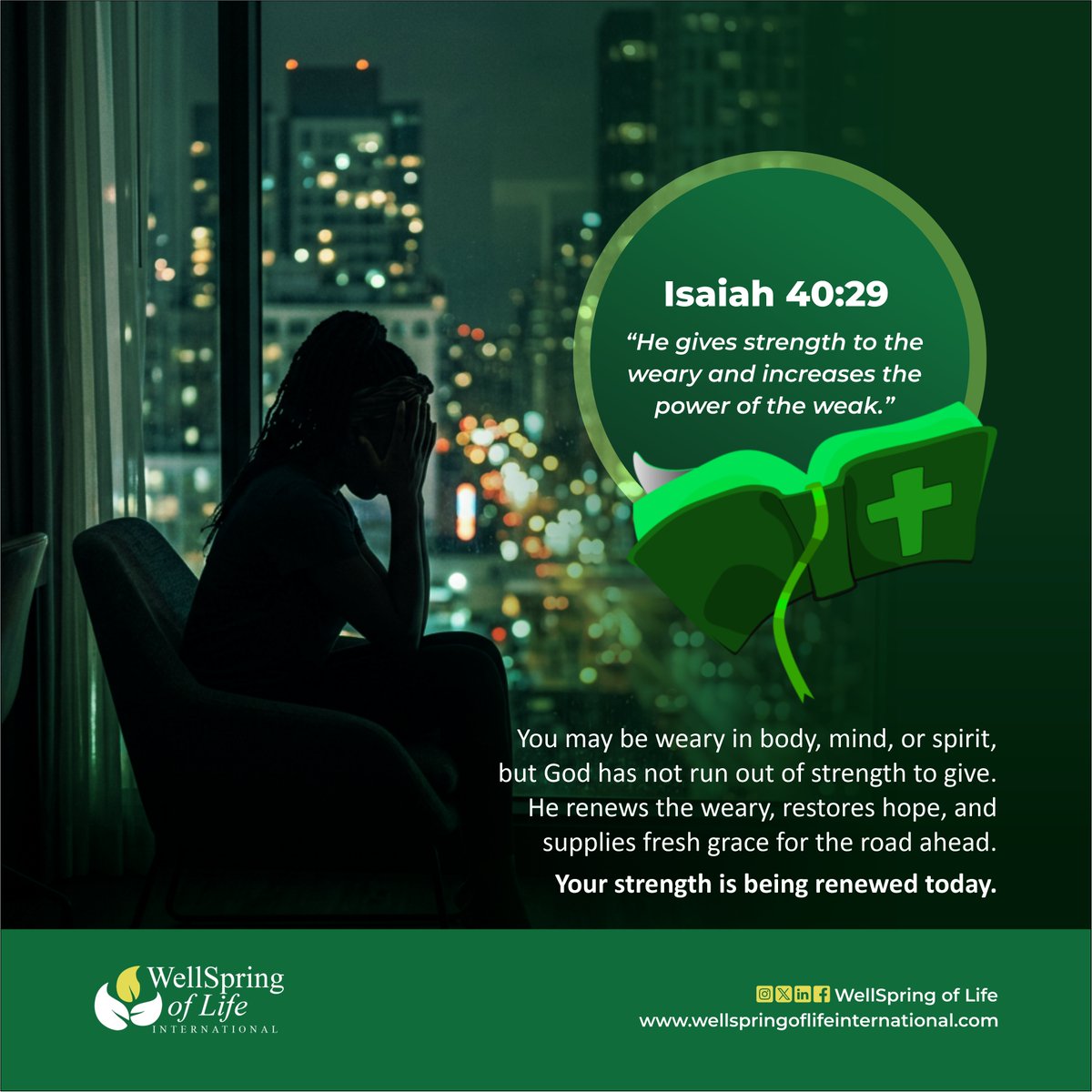WellSpring_Life's tweet photo. Feeling drained?

God gives strength to the weary, hope to the discouraged, and grace for the road ahead.

What feels heavy today does not have to define tomorrow.

#Grace #Trust #WellspringofLife https://t.co/Ot0JOkqaT2