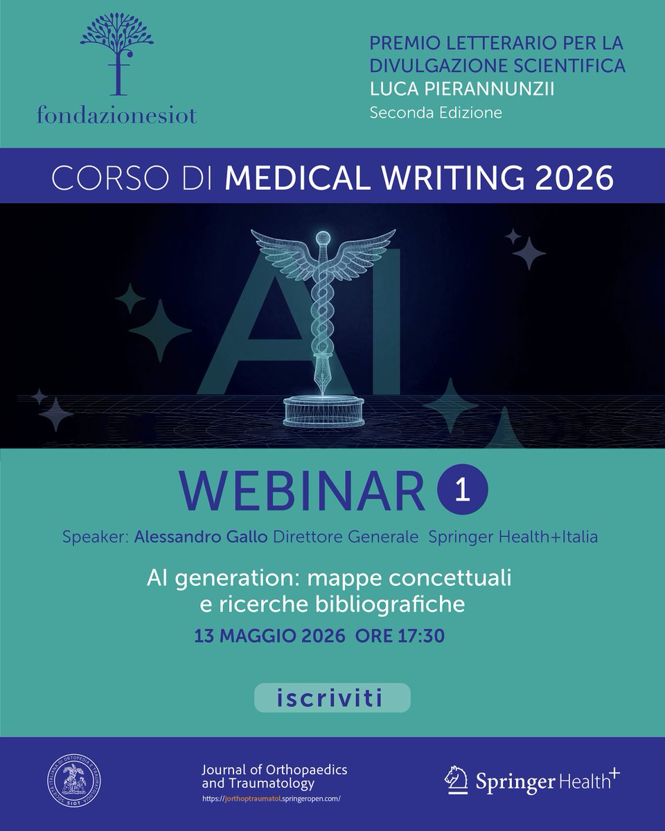 SIOTOrtopedia's tweet photo. 📢 Corso di Medical Writing 2026 – II Edizione Premio “Luca Pierannunzii”

🔹 Webinar 2: “Ottimizzazione del writing e dell’editing attraverso strumenti AI appropriati”
🗓️ 16 giugno ore 17:30

Iscriviti: https://t.co/g1JNhv3qmN
Gratuito e riservato ai Soci SIOT in regola. https://t.co/ehNWvFfgcs