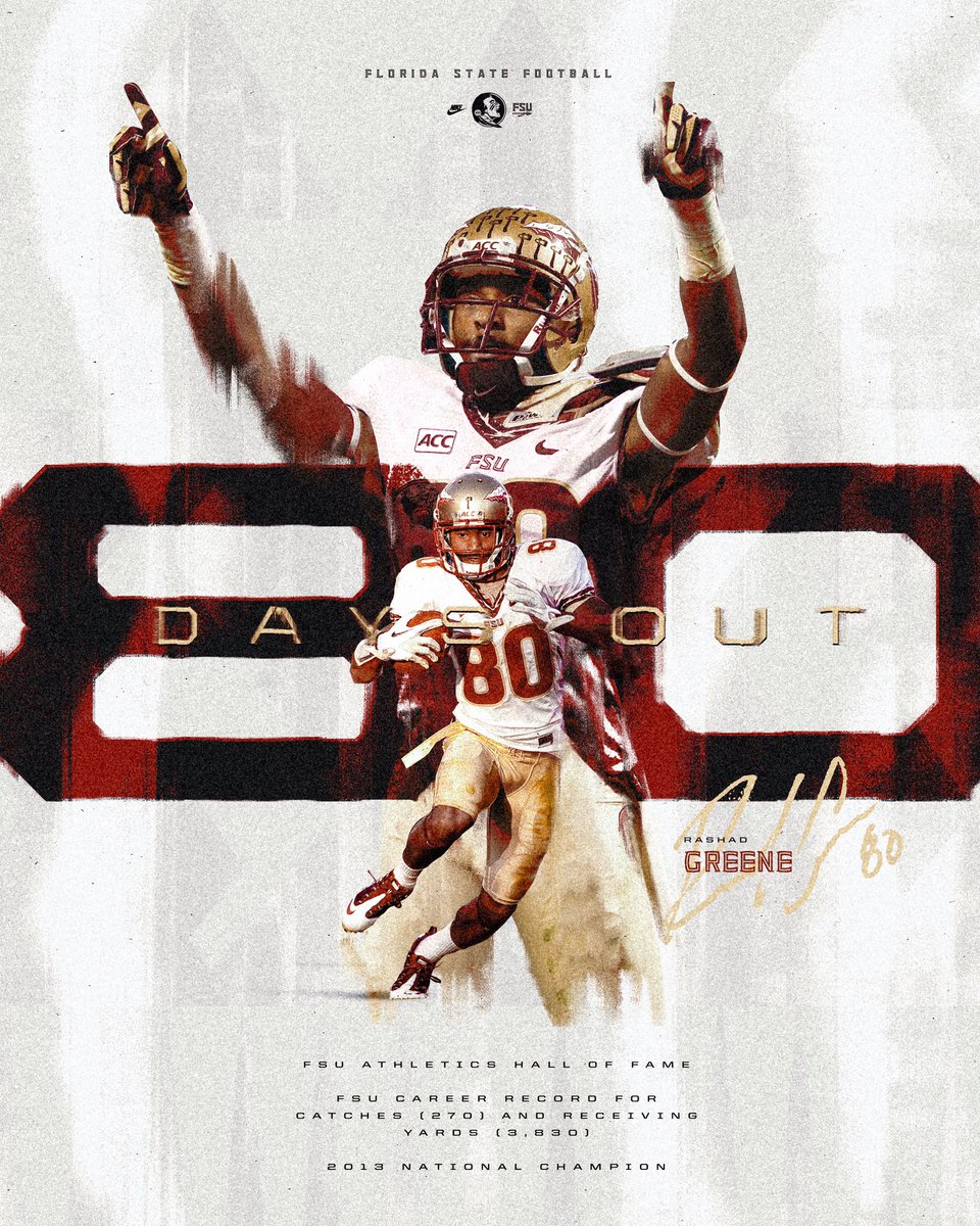 FSUFootball's tweet photo. 8️⃣0️⃣ Days to Kickoff

Rashad Greene is FSU’s career receiving yards leader, an FSU Hall of Famer and a pivotal part of the 2013 National Championship team

#NoleFamily https://t.co/MG82ZQYTF9