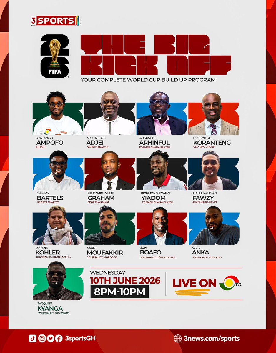 OtiAdjei's tweet photo. We have a massive build up this evening with all the big names. Your complete world cup build up program on @tv3_ghana https://t.co/wlxuh52rJX