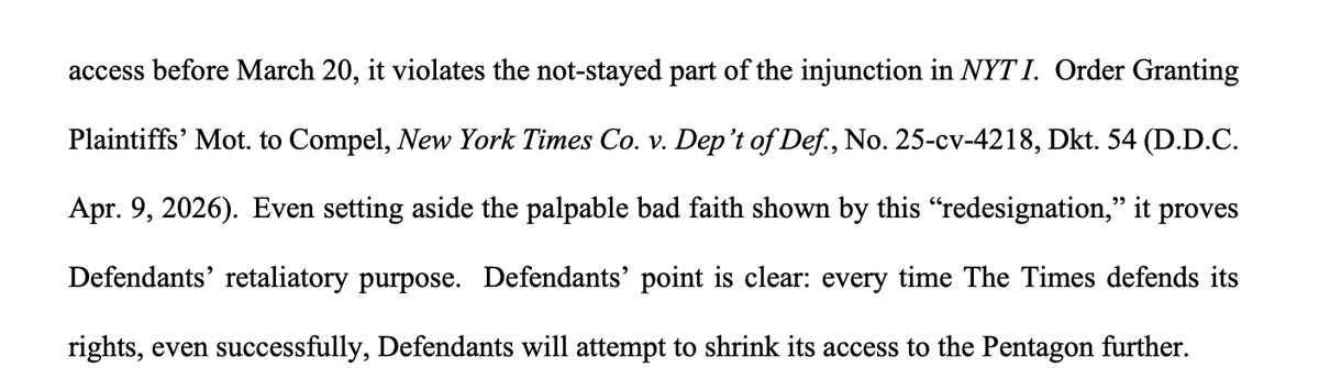 ScottNover's tweet photo. In the New York Times's latest court filing:

"By banning the press from the Press Office, Defendants went from Kafka to Orwell." https://t.co/FhaDF0gLzp