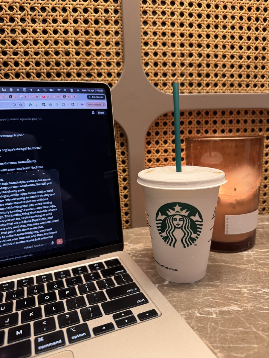 akshitagupta_18's tweet photo. cold brew (always)
design sprint for the weekend w @10kdesigners 🫶🏻 
@claudeai decides to drop fable on time, what are the odds?😌 expecting  spectacular deliverables for sure.
 
Wish me luck (and credits). https://t.co/sseqBlYsWX
