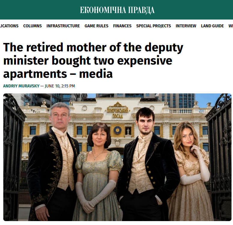 HavryshkoMarta's tweet photo. Just a reminder: the average Ukrainian pension is $166 a month. 
But don't let that distract you — keep sending more money to Zelensky's government.
-----
The family of Deputy Minister of Justice Lyudmila Kravchenko purchased three apartments in business-class residential complexes in Kyiv with a market value of $400,000, with two apartments purchased by the retired mother of the official.
