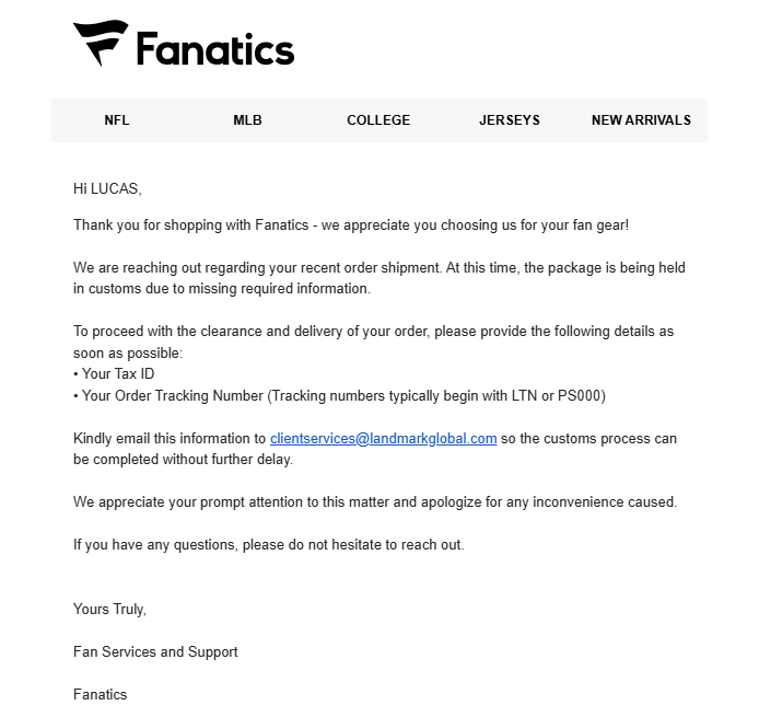 awakenfps's tweet photo. @NBAdoPovo Mais alguém recebeu esse email da Fanatics? 
Engraçado que alguns amigos compraram, não informaram o Tax ID (CPF) até por que nem tinha campo pra isso e enviaram normalmente. https://t.co/CifqMqAKBU