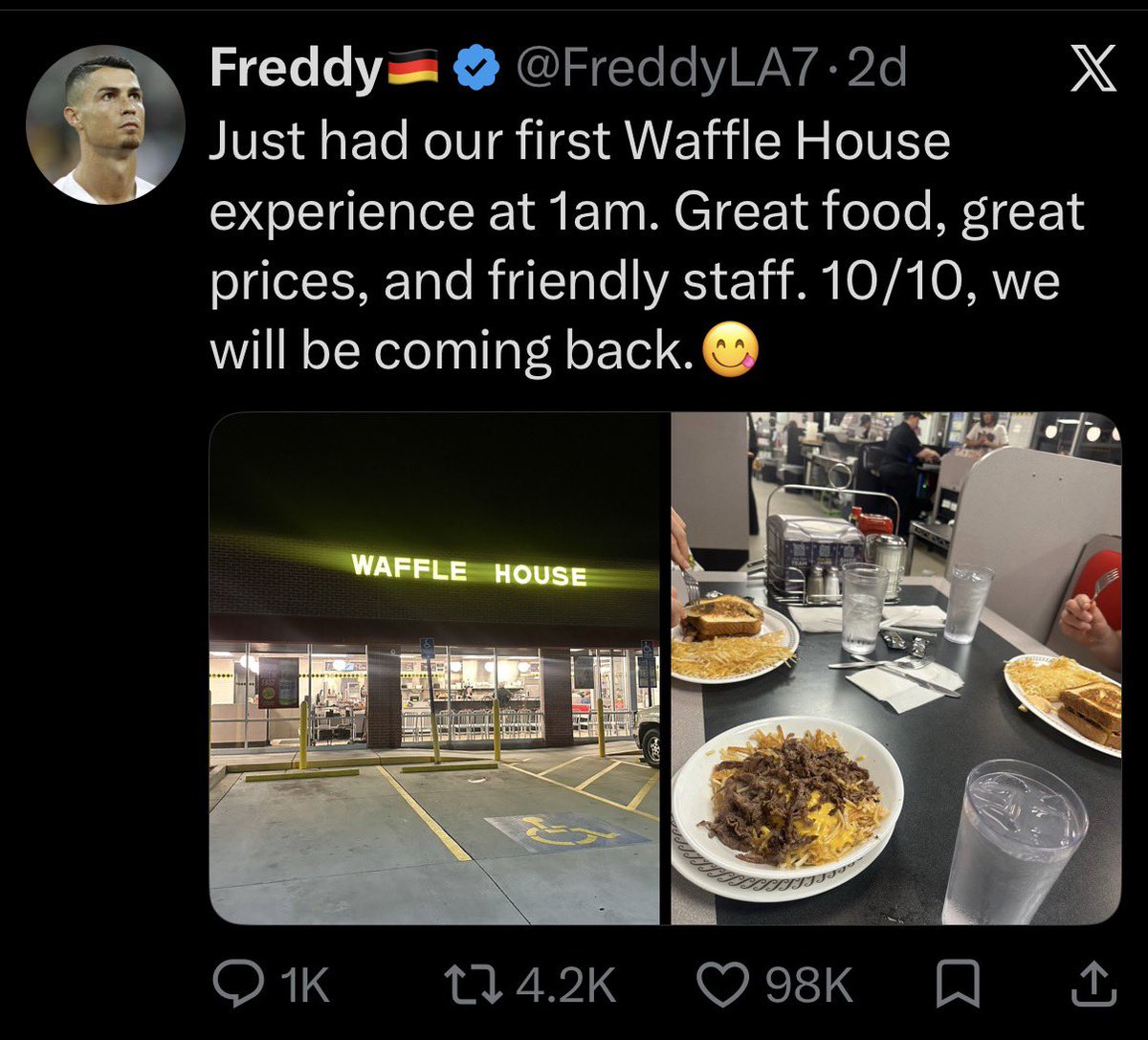 jimmyardoin's tweet photo. I do not care about soccer. I will never care about soccer. But a German man has flown across an entire ocean for the World Cup, gotten in a car, is driving from Chattanooga to Houston, and documenting it on X like a war correspondent. He has eaten Waffle House hashbrowns at the late night hour God fully intended. He watched the NBA Finals at a Chili’s. He walked into a Buc-ee’s and I genuinely think he saw the face of the divine. This man is experiencing America for the first time with the wonder of a newborn and the stamina of a Navy SEAL.