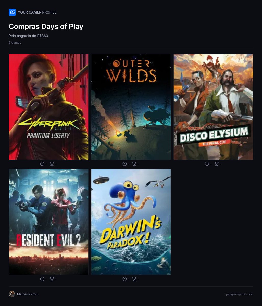 prodimatheus's tweet photo. Resolvi aproveitar a Days of Play pra completar o que serão as compras de 2026 fora lançamentos

Por R$363,92 acho que deu pra pegar muita coisa BOA

Agora pra completar o ano vem:

Marvel's Wolverine 
Control Resonant
Castlevania Belmont Curse
GTA VI https://t.co/fymGqXq1jh