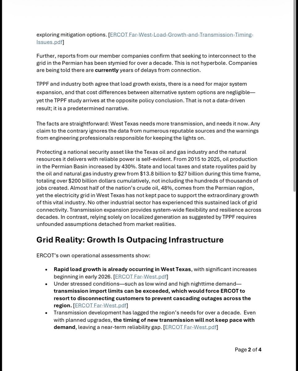 bradj_TX's tweet photo. Busy day on the electricity front: the O&G associations sent this letter today to #txlege leadership/PUC/ERCOT backing the transmission buildout to West Texas, criticizing the @TPPF white paper from the other week.

Background on this 765-kV issue and that paper: https://t.co/lmB68lUf9G