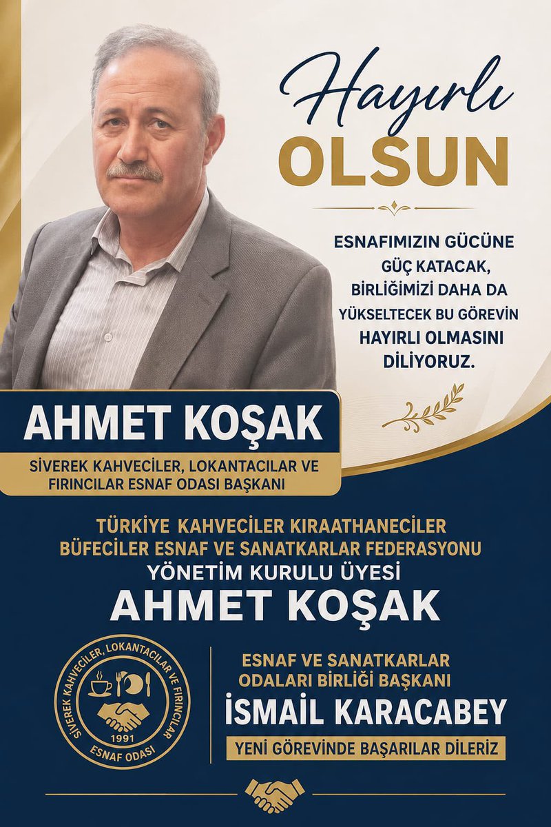 ikaracabey2's tweet photo. 🌟 ŞANLIURFA’MIZ ADINA BÜYÜK BİR GURUR, ESNAF TEŞKİLATIMIZ ADINA ÖNEMLİ BİR BAŞARI! 🌟

Türkiye Kahveciler, Kıraathaneciler ve Büfeciler Federasyonu Yönetim Kurulu Üyeliğine seçilen Siverek Kahveciler Odası Başkanımız Sayın Ahmet Koşak’ı gönülden tebrik ediyorum.

Bu kıymetli görev, yalnızca Ahmet Başkanımızın değil; Siverek’imizin, Şanlıurfa’mızın ve tüm esnaf teşkilatımızın ortak başarısı ve gururudur. Şanlıurfa’mızın federasyon yönetiminde temsil edilmesi, esnaf camiamızın gücünü, birlik ve beraberliğini bir kez daha ortaya koymuştur.

Yıllardır esnaf ve sanatkârlarımızın yanında duran, onların sorunlarına çözüm üretmek için büyük bir gayret gösteren Ahmet Başkanımızın bu önemli göreve seçilmesi bizleri son derece memnun etmiştir. Kendisinin bilgi, tecrübe ve birikimiyle federasyon çalışmalarına önemli katkılar sunacağına yürekten inanıyorum.

Bu vesileyle Sayın Ahmet Koşak’ı bir kez daha tebrik ediyor, üstlendiği bu değerli görevin başta Siverek’imiz, Şanlıurfa’mız, esnaf ve sanatkâr camiamız olmak üzere ülkemize hayırlı olmasını temenni ediyorum.

👏 Tebrikler Ahmet Başkanım!
☕ Yolunuz açık, başarılarınız daim olsun.
🇹🇷 Şanlıurfa’mızı en güzel şekilde temsil edeceğinize inancımız tamdır.
🎉🎊 Rabbim hayırlı hizmetler yapmayı nasip etsin. 🌟🔥 @urfa_esob @Guneydogu_TV