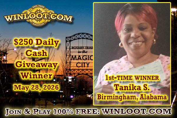 Winloot's tweet photo. There's a first time for everything - including #winning the $250 Daily Cash Prize! Congrats, 🏆Tanika S. of Birmingham, Alabama!💸

✔️Join &amp; Play 100% FREE: https://t.co/0b2eHsKy8X
100+ Ways to #win up to $10,000,000 with Winloot!🆓 https://t.co/8I2XfHie2a
