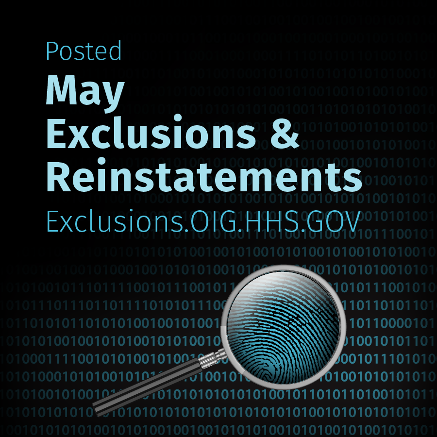 OIGatHHS's tweet photo. HHS-OIG maintains a list of individuals &amp; entities excluded from federally funded health care programs. Anyone who hires an excluded individual or entity may be subject to civil monetary penalties. View the updated May 2026 list: https://t.co/NVON3q0a36 https://t.co/4lmxwiThgO