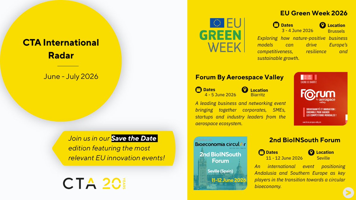 CTAndaluciaENG's tweet photo. 📅 Looking for the most relevant innovation conferences and #EUevents this summer?
 
🔎Check out our selection of must-attend European events taking place in June and July, bringing together innovators, researchers, industry leaders and policymakers from across Europe.
 
🌍 Which one is on your agenda?

📥Be sure to subscribe! 👉 https://t.co/TRxqHAX5Pi
 
#EUProjects #Innovation #Networking #Matchmaking