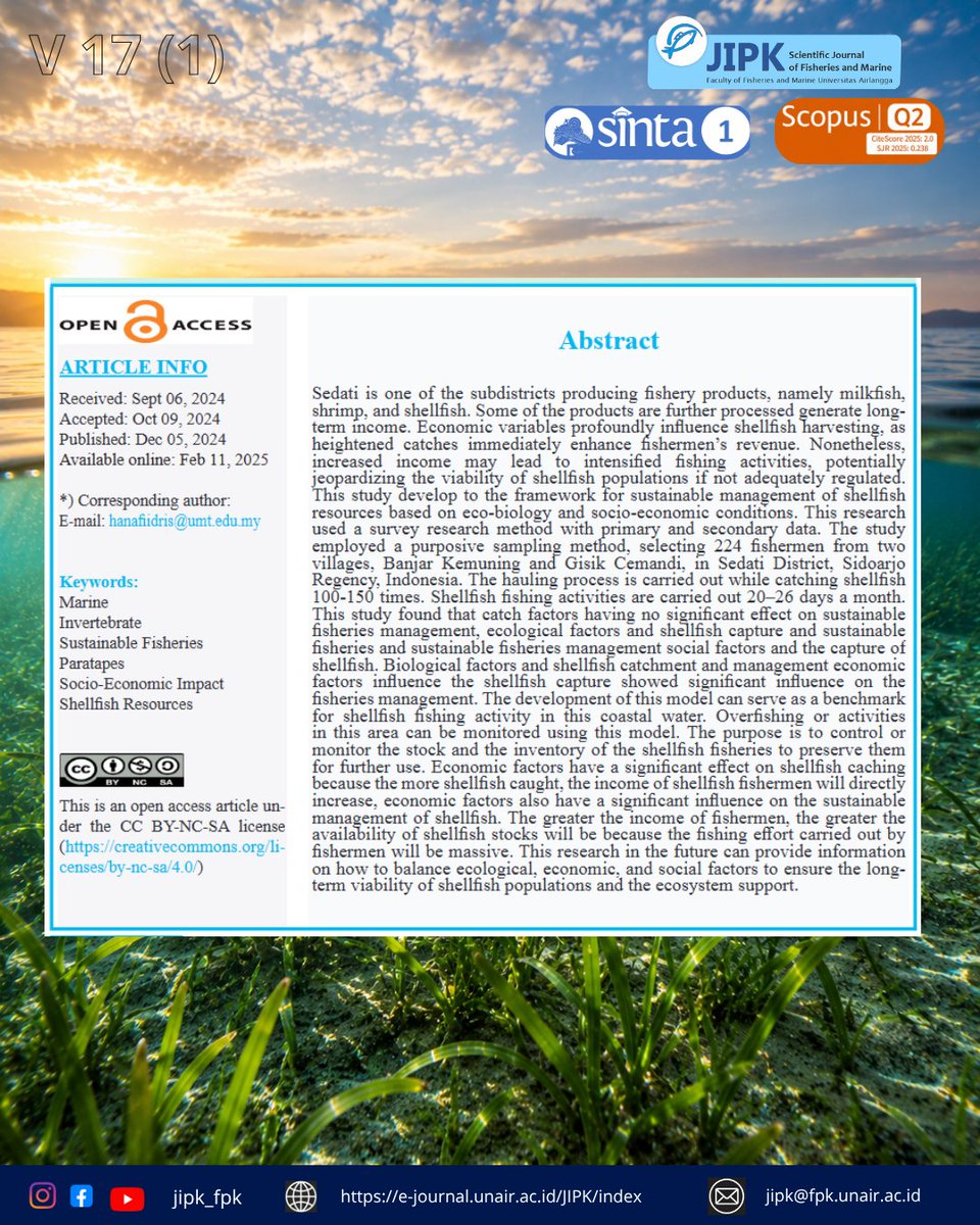 jipk19's tweet photo. "More Than a Catch: How Shellfish Support Coastal Economies and Ecosystems"
Highlight Research
01. Sustainable Management: Developing strategies for the long-term sustainability of shellfish resources in Sedati, Sidoarjo.
#fpkunair
#jipk
#scopus
#scopusjournal
#journal https://t.co/jXIoL3p1kv
