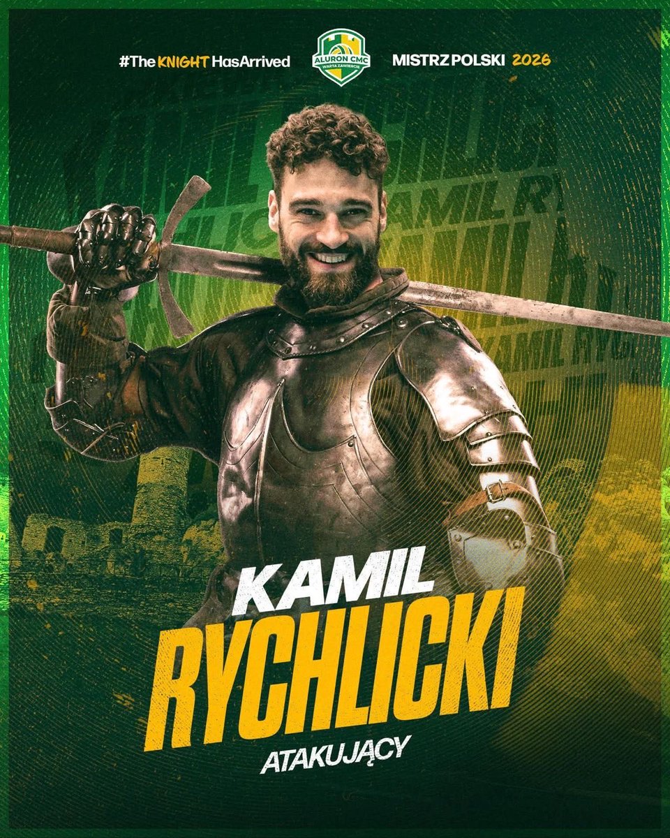 AluronCMC's tweet photo. Mistrz świata dołącza do Jurajskiej Armii! 🔥

Naszym nowym atakującym został Kamil Rychlicki, mistrz świata i srebrny medalista #VNL z 2025 roku 👏

Przebojem wkroczył do #PlusLiga zostając jej najlepiej punktującym oraz atakującym zawodnikiem🔝

Kamil, witamy w drużynie! 💛💚 https://t.co/AXQJ5vZIih